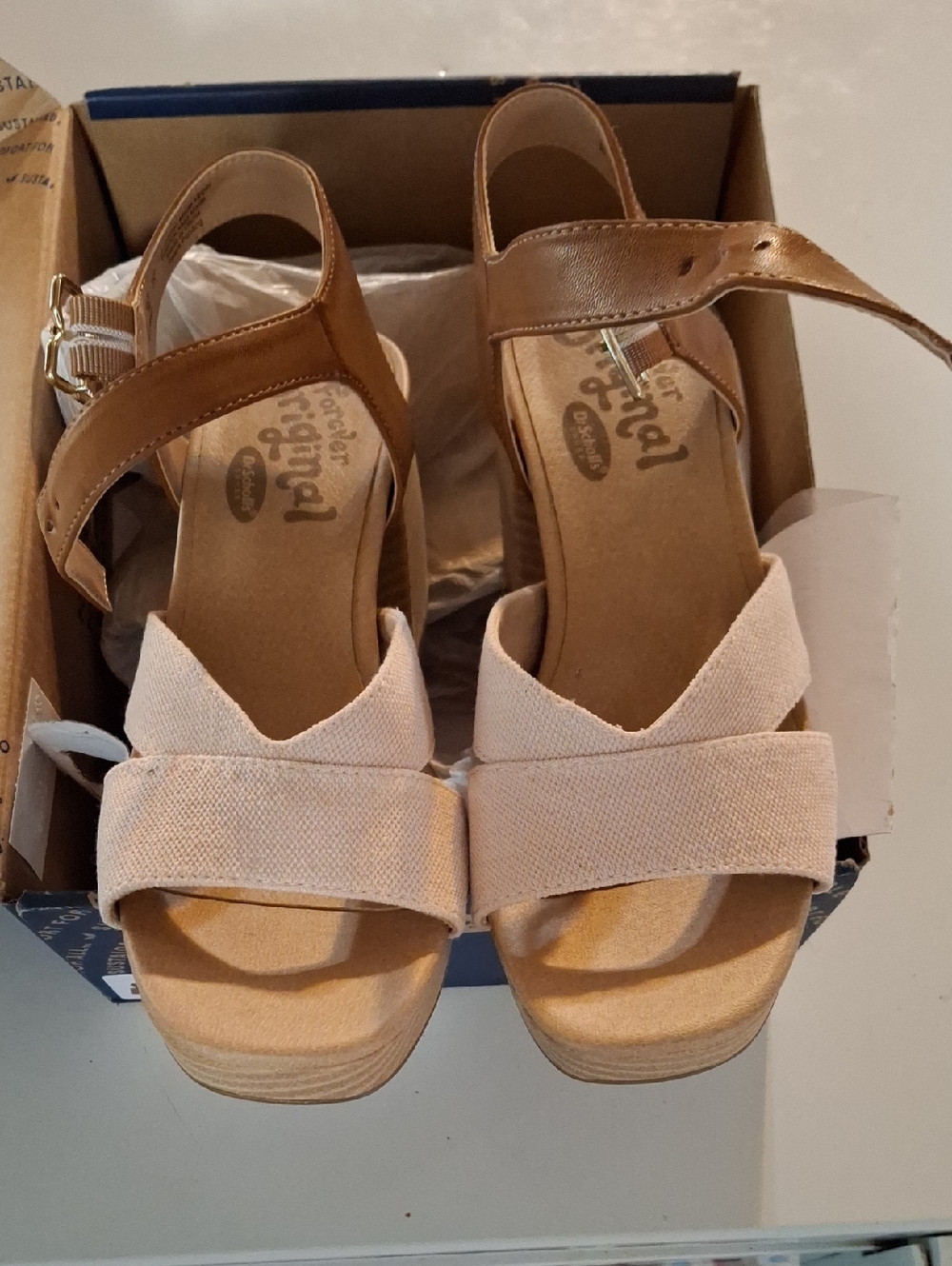 New Dr. Scholl's Tan Canvas Wedge Sandals with Brown Ankle Strap Size 6M